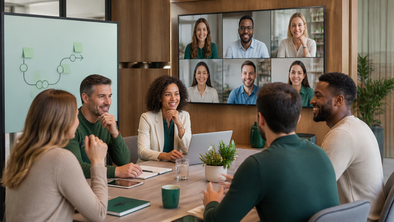 Grupo de mentoria colaborando em encontro híbrido com participantes presenciais e online
