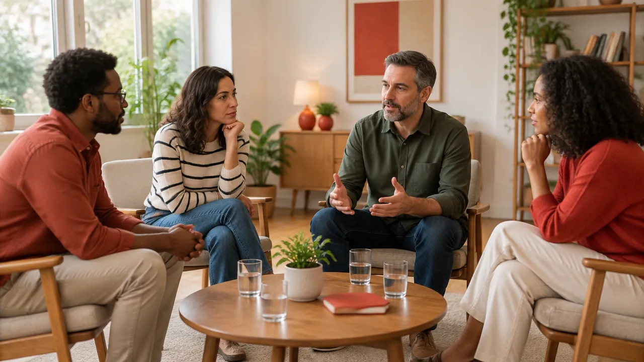 Grupo de pessoas em conversa atenta e respeitosa, construindo confiança para a convivência diária
