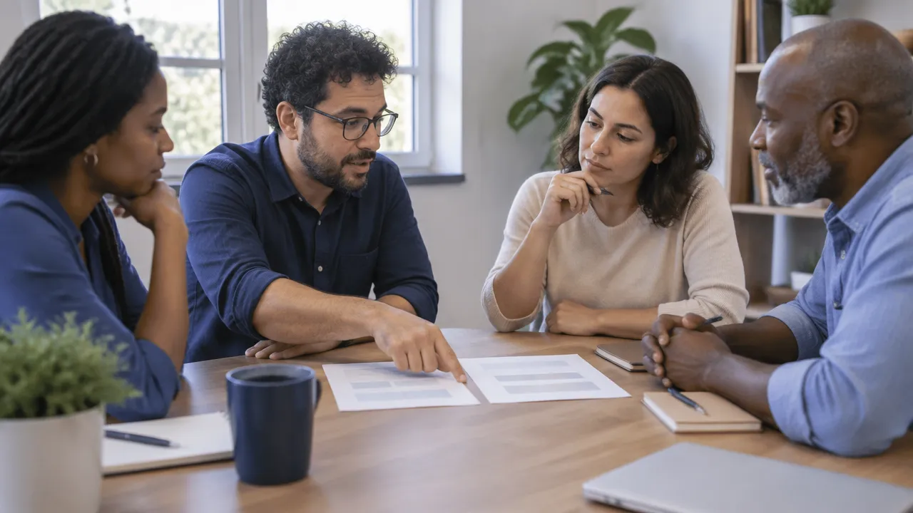 Grupo discutindo com respeito uma decisão coletiva em torno de uma mesa