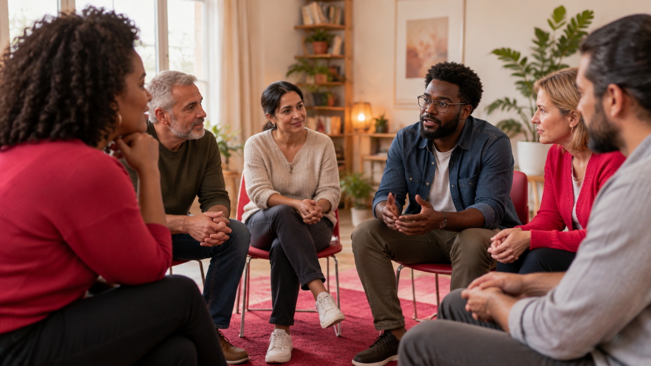 Grupo diverso conversa em círculo, mostrando como as emoções se formam nas relações sociais.