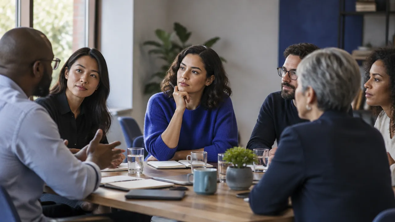 Grupo diverso conversa sobre valores em uma reunião, enquanto uma pessoa pondera como agir com integridade