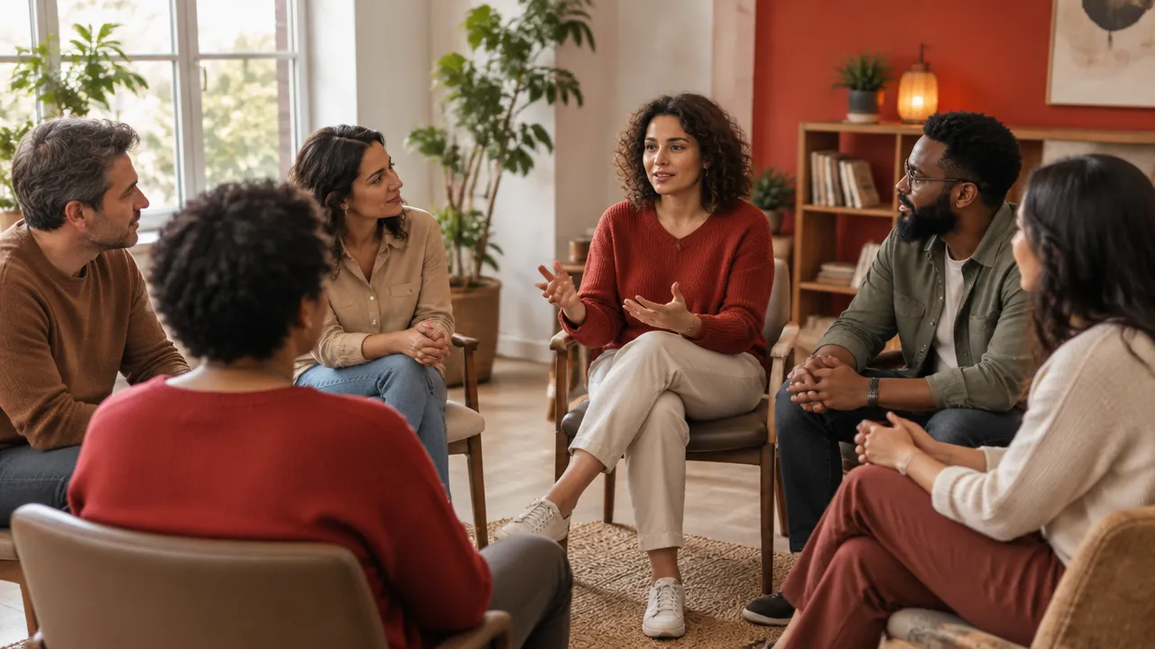 Grupo diverso de adultos conversa em círculo e pratica escuta atenta em uma sala acolhedora