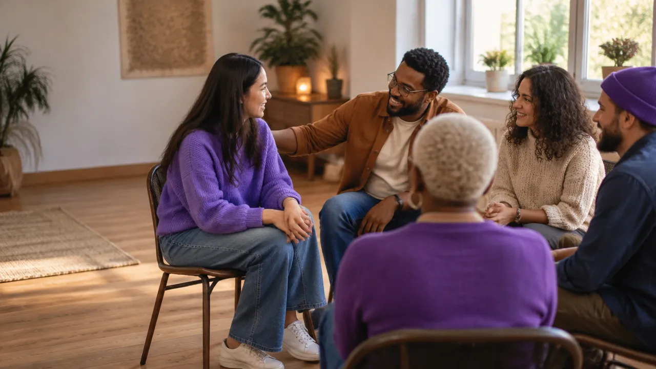 Grupo diverso de adultos em conversa acolhedora, com uma pessoa sendo recebida e incluída naturalmente.