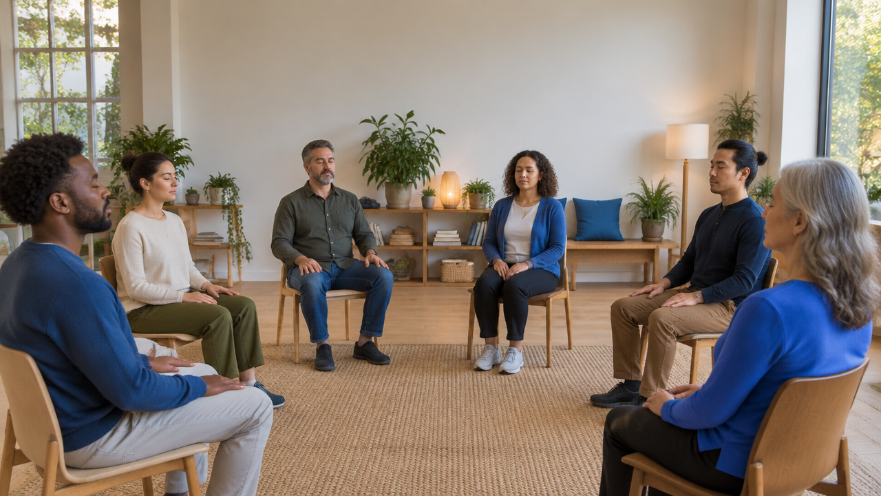 Grupo diverso de adultos meditando sentados en círculo en una sala comunitaria luminosa