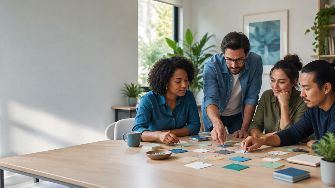 Grupo diverso de pessoas conectando ideias em uma mesa, representando relações e interdependência em um sistema.