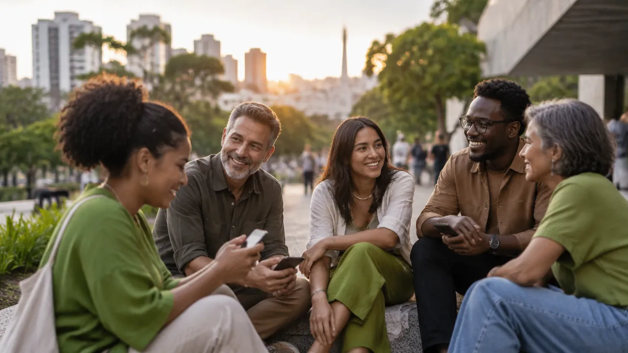 Grupo diverso de pessoas conversa após interagir com celulares, representando identidade e pertencimento nas redes sociais