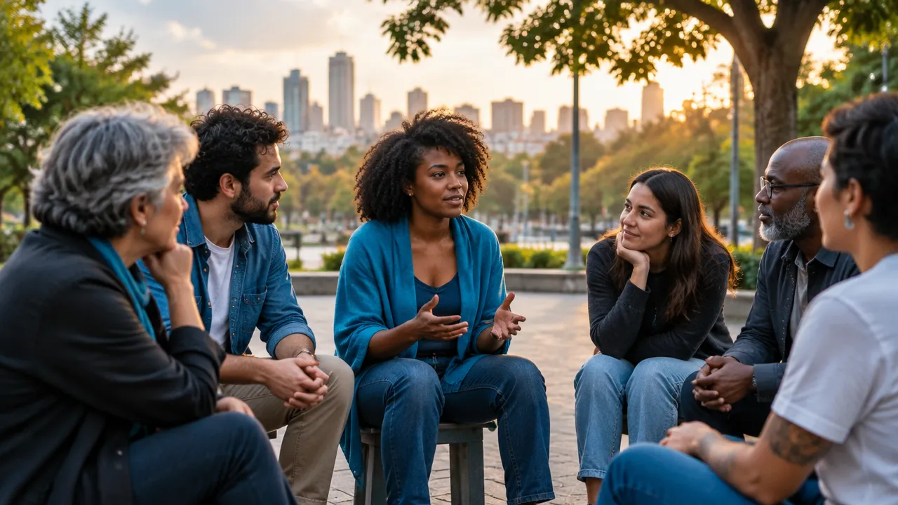 Grupo diverso de pessoas em uma roda de conversa comunitária, praticando escuta e respeito mútuo