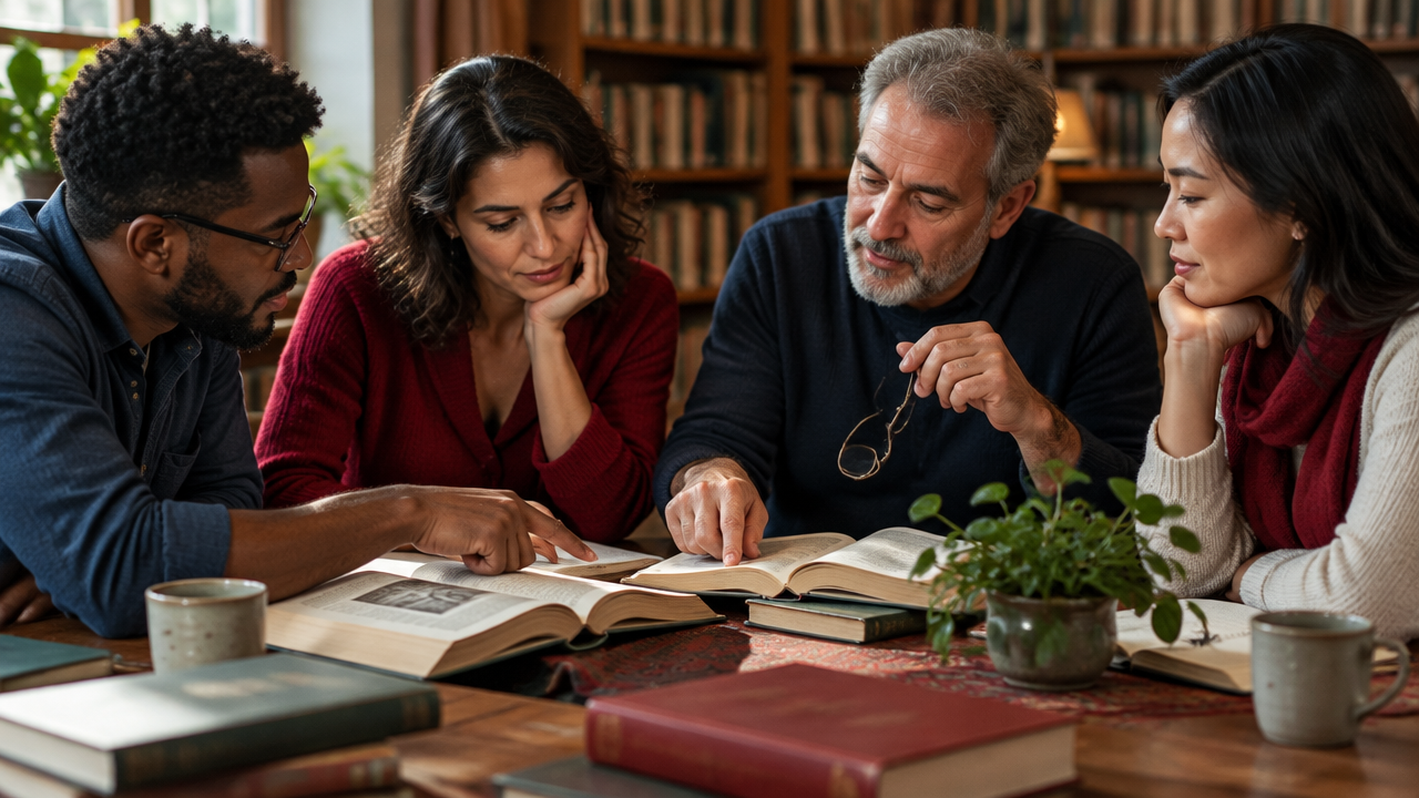 Grupo diverso de pessoas estudando livros de filosofia e tradições espirituais em uma mesa compartilhada