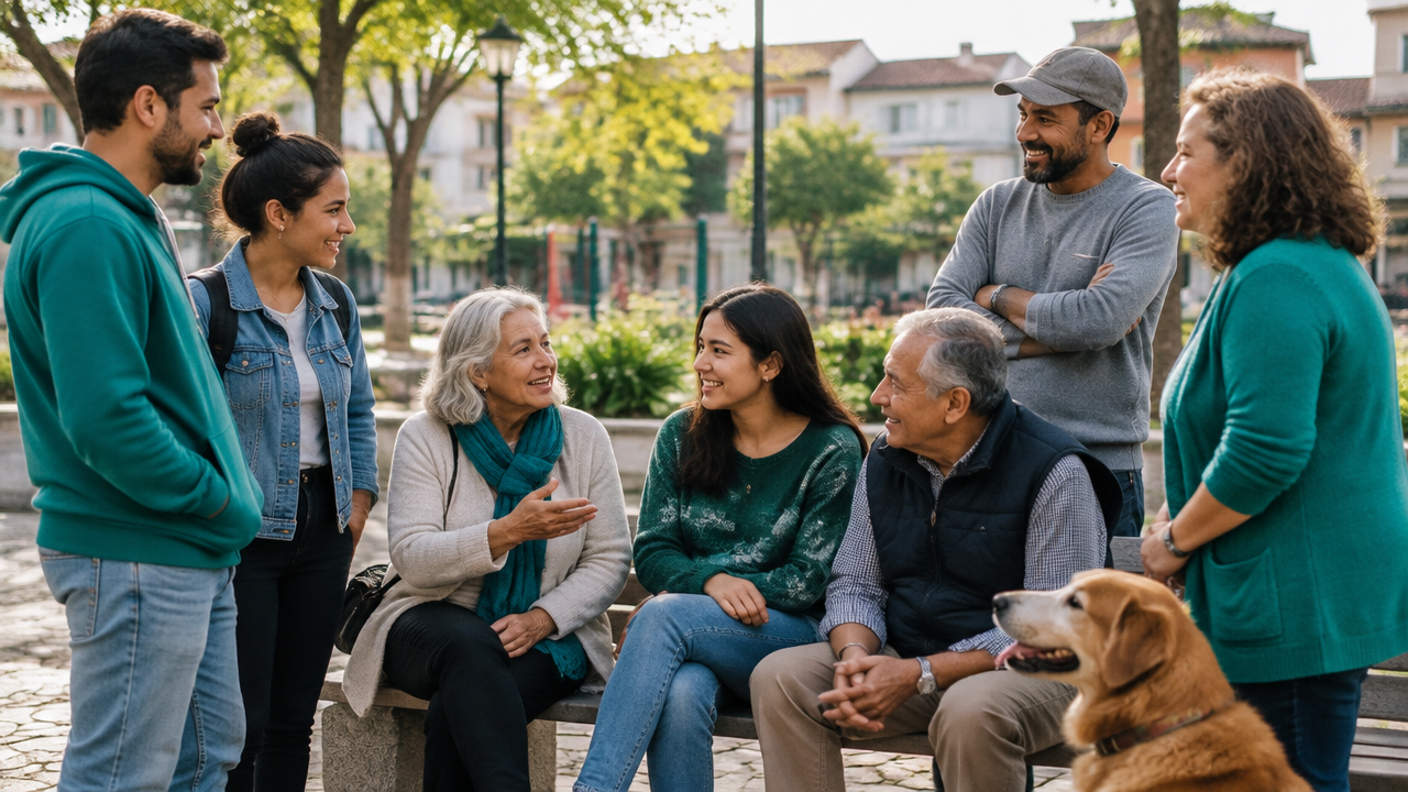 Grupo diverso de vecinos dialoga en un espacio público, representando pertenencia, apoyo y bienestar comunitario.