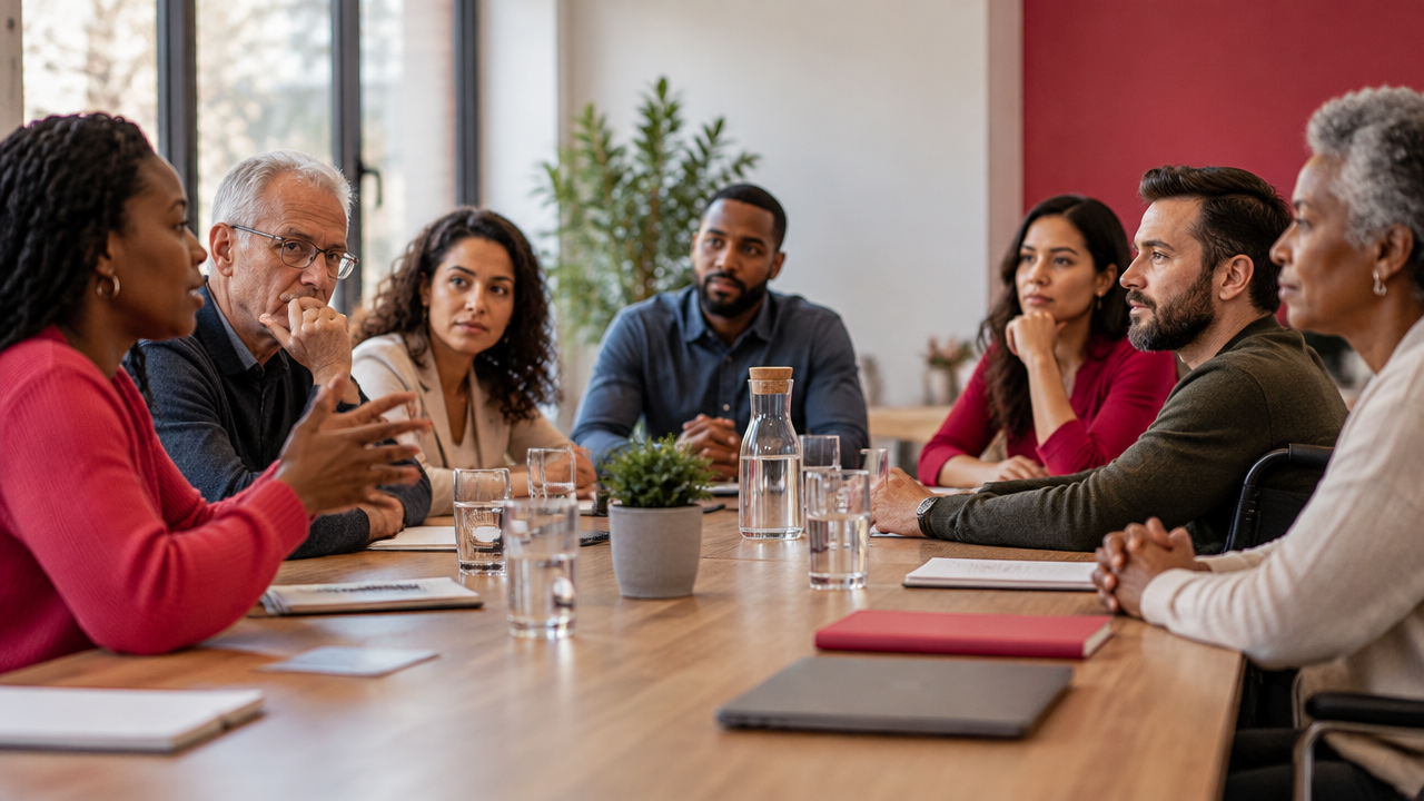 Grupo diverso participa de uma conversa cívica séria sobre inclusão em uma sala de reunião