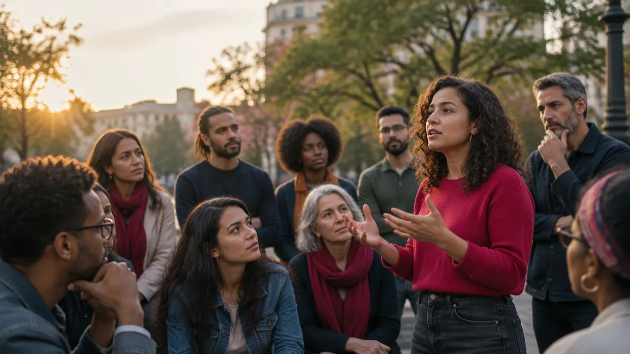 Grupo diverso reunido em assembleia comunitária, atento e conectado por emoções compartilhadas