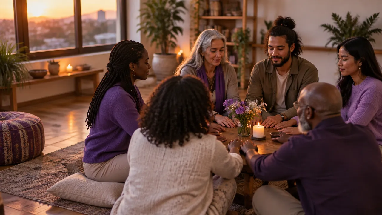 Grupo diverso reunido em círculo num ritual comunitário simples, com atenção e acolhimento