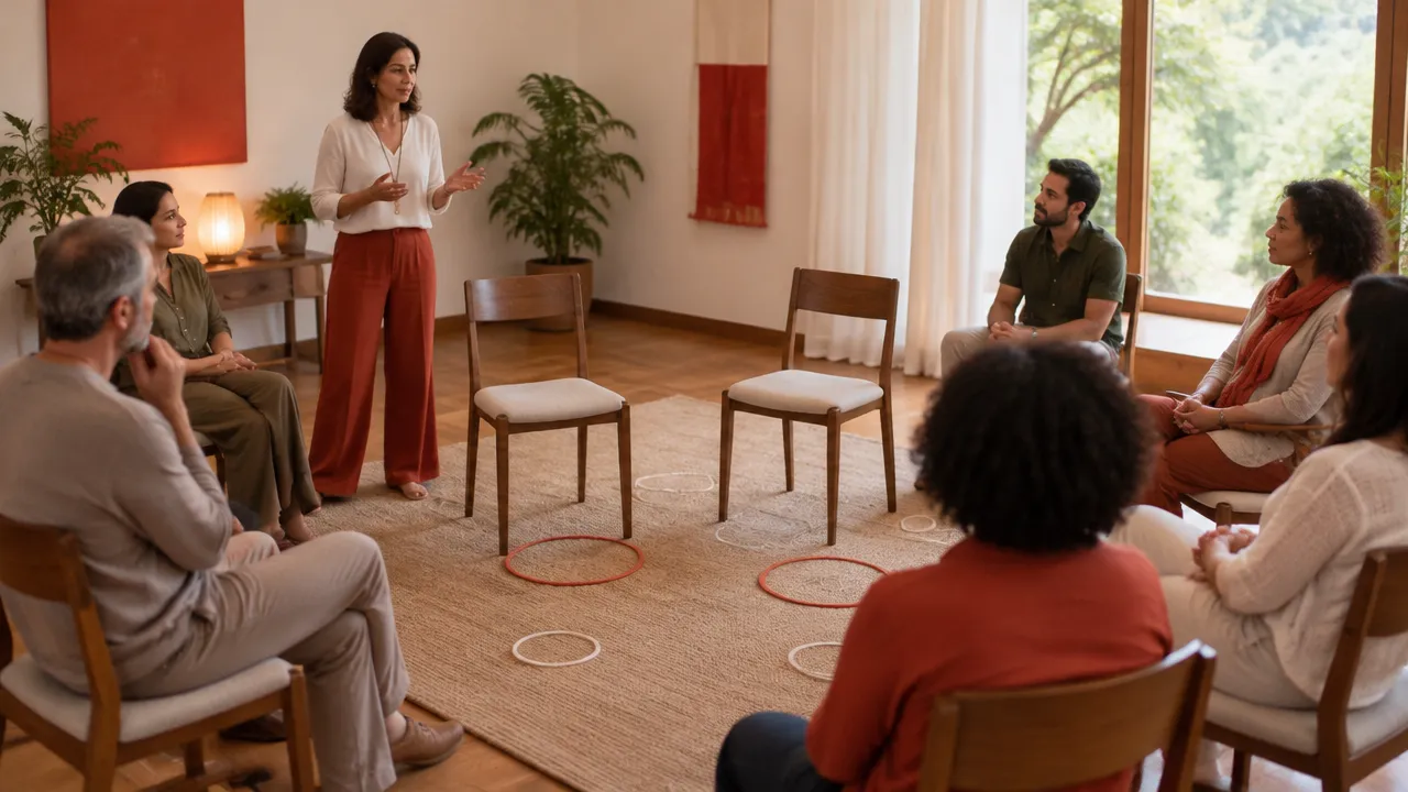 Grupo em círculo numa sala clara durante uma atividade simbólica de reflexão sobre relações familiares