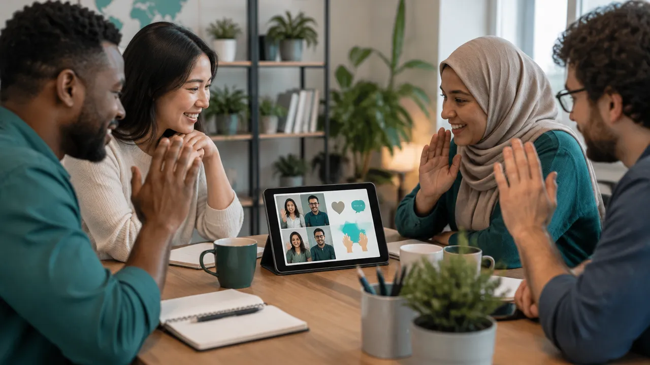 Grupo multicultural compartilha símbolos digitais durante uma conversa online