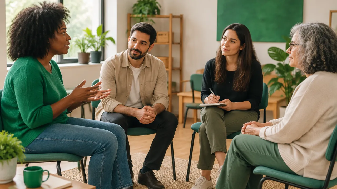 Grupo pequeño escucha con atención durante una conversación colaborativa y respetuosa.