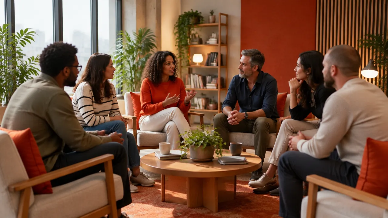 Grupo reunido em uma sala iluminada por luz natural, em conversa atenta e colaborativa