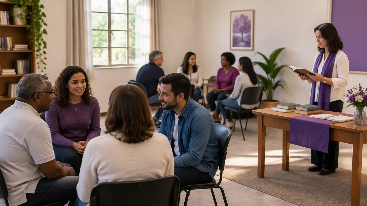 Grupo reunido em uma sala simples para estudo e conversa espiritualista