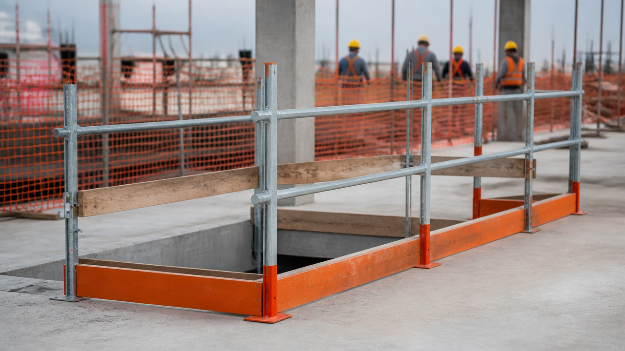 Guarda-corpo e proteção de abertura em laje de obra com tela de segurança ao fundo