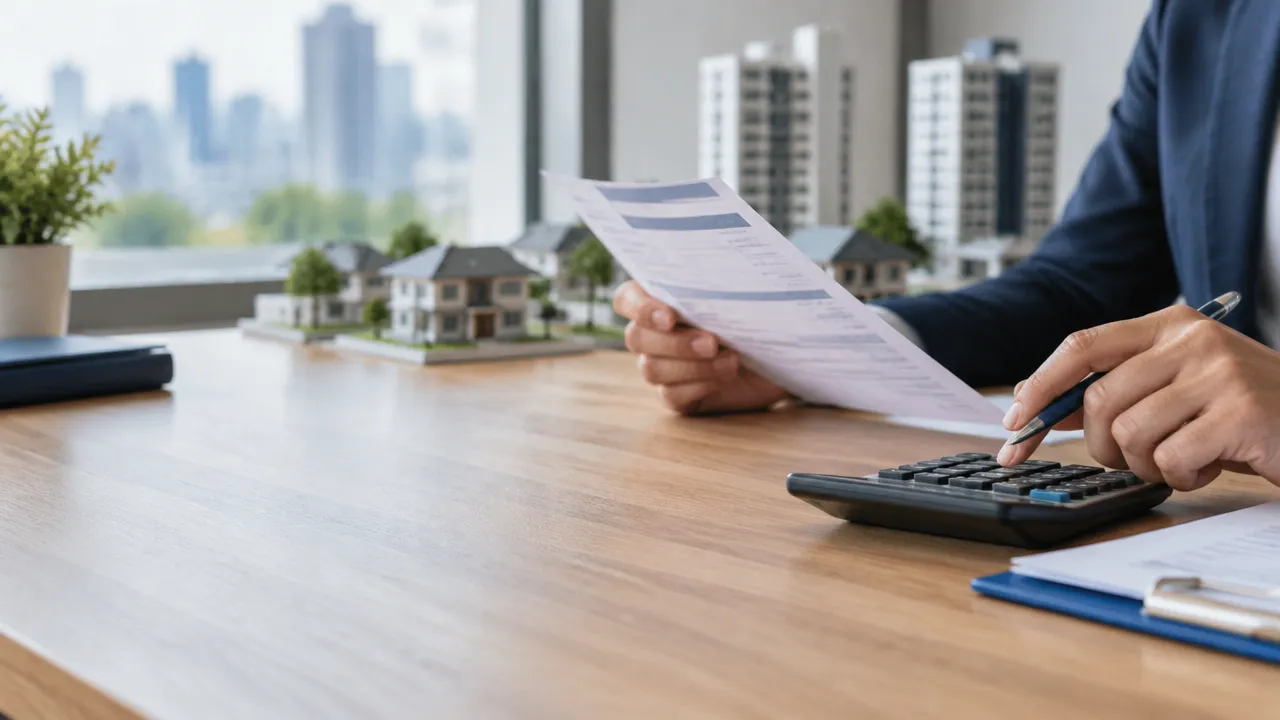 Guia de imposto imobiliário e calculadora sobre uma mesa, com casas urbanas ao fundo