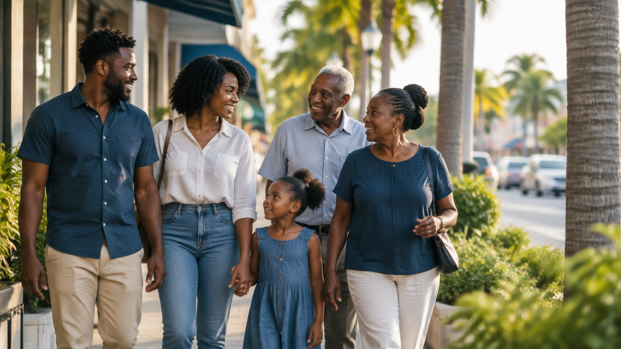 Haitian American family walking through a South Florida neighborhood