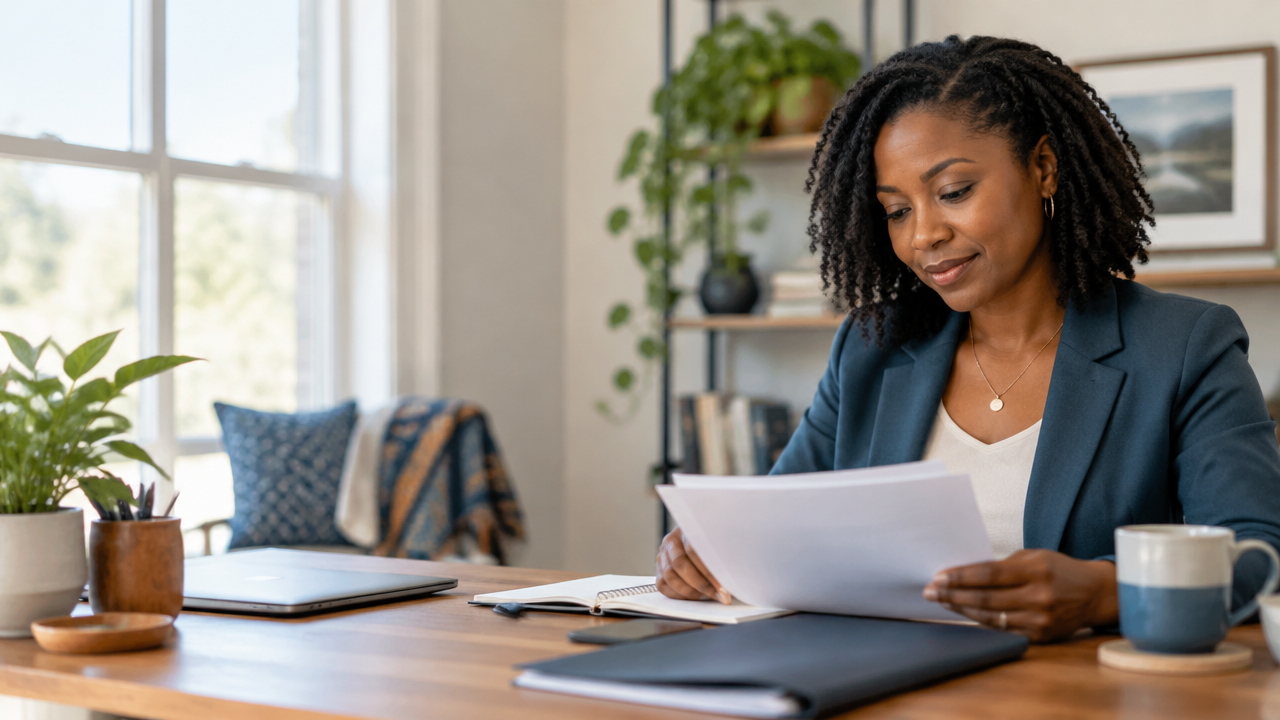 Haitian American professional reviewing career documents at a home office
