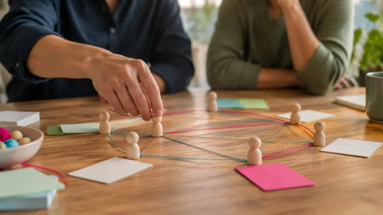 Hands arrange connected tokens and threads to represent feedback loops in a system