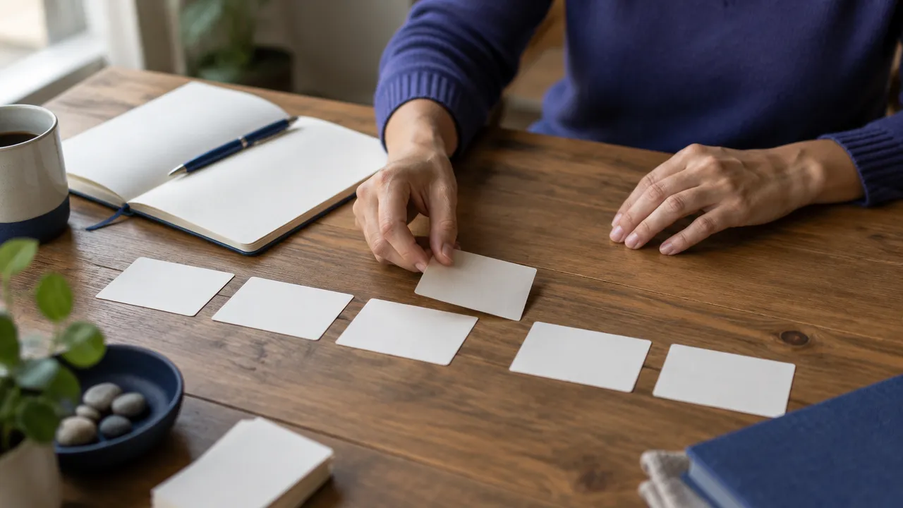 Hands arranging blank cards into a timeline during a reflective writing exercise about personal stories.