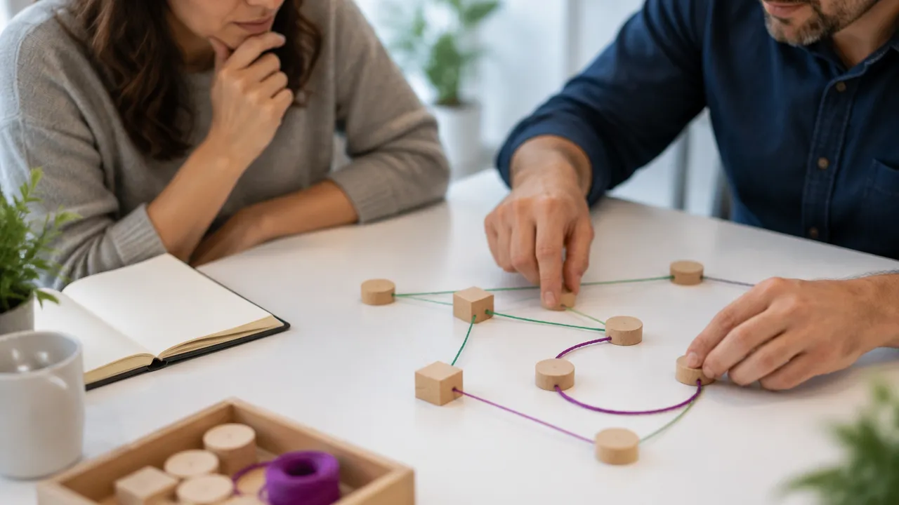 Hands arranging threads and wooden pieces into a feedback loop while mapping workplace relationships