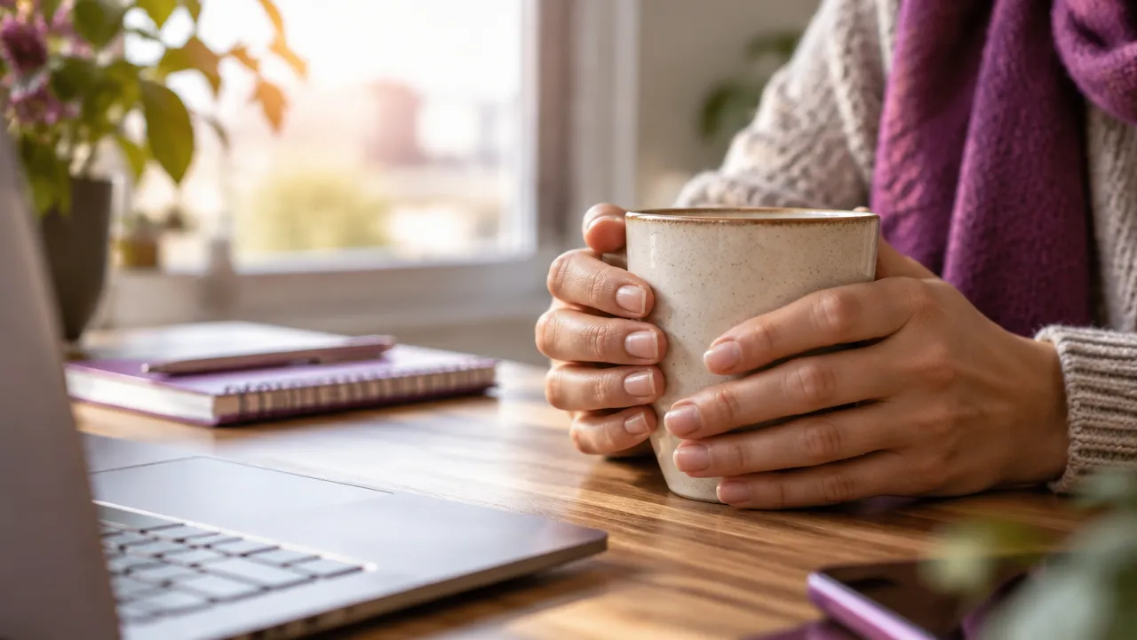 Hands feel the warmth and texture of a ceramic mug during a short sensory grounding pause.