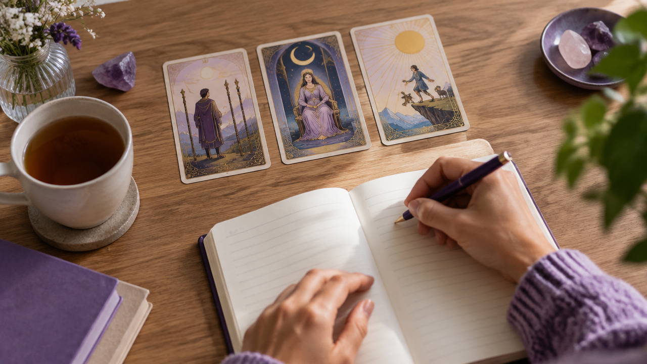 Hands journaling about a three-card tarot spread for a career decision