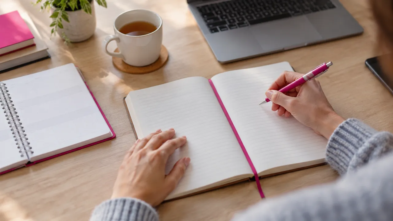 Hands journaling at a desk as a practical reflection exercise for self-doubt