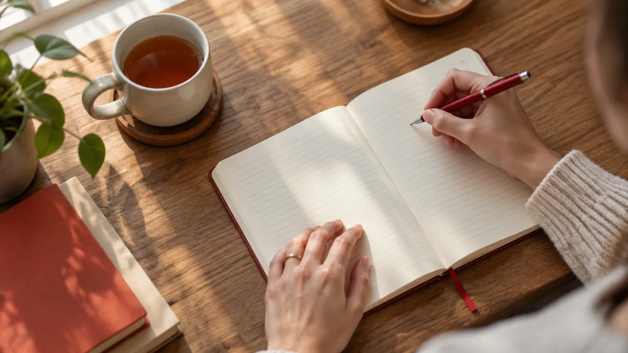 Hands journaling at a quiet desk during a beginner self-reflection exercise.