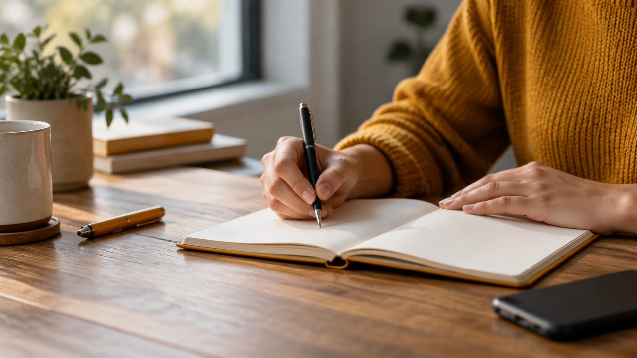 Hands journaling during a pause to examine a reaction before assigning group blame