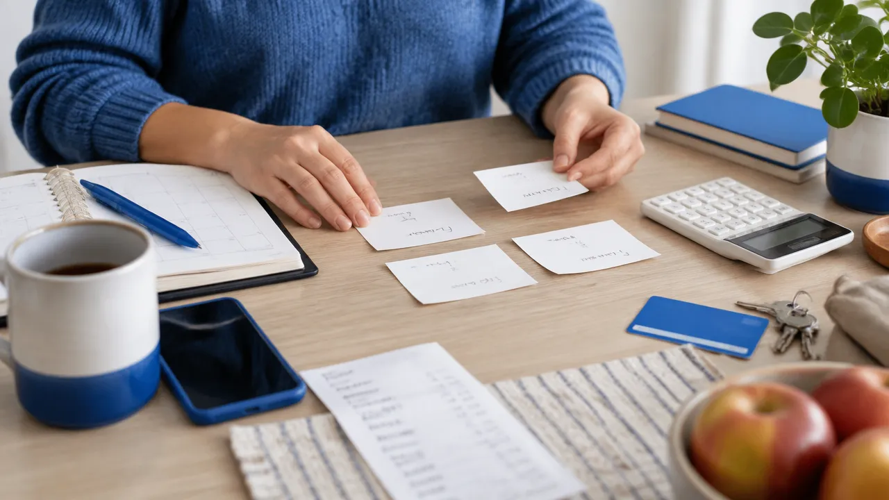 Hands organizing budget categories to align monthly spending with personal priorities