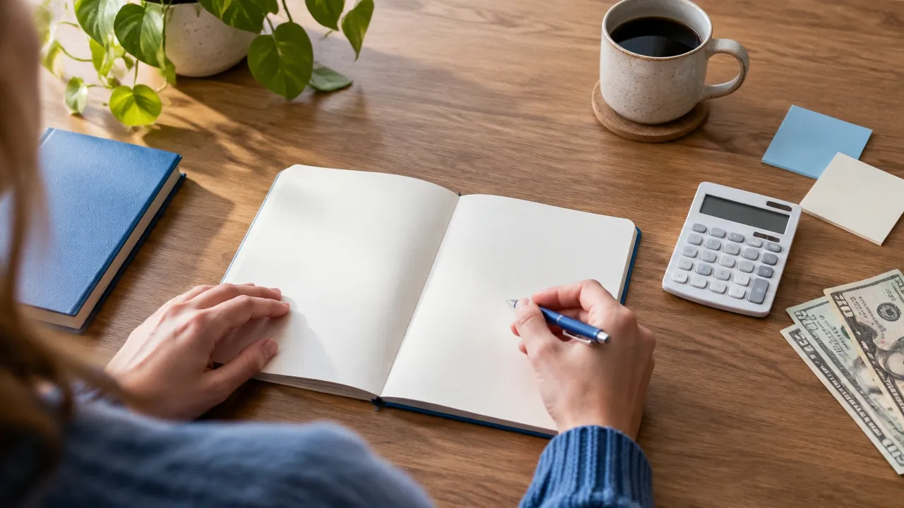 Hands pause over a notebook and household bills during a calm, values-based financial check-in.