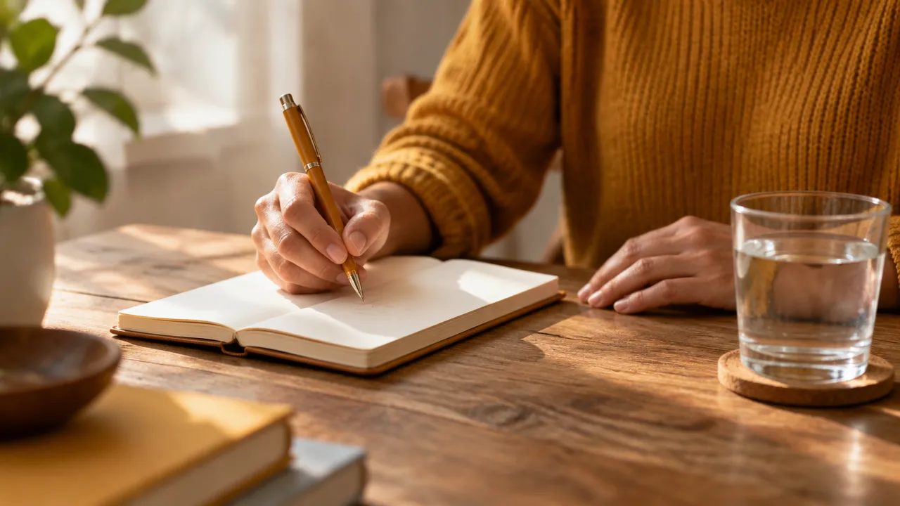 Hands pause over a notebook during a calm daily reflection before choosing one next step