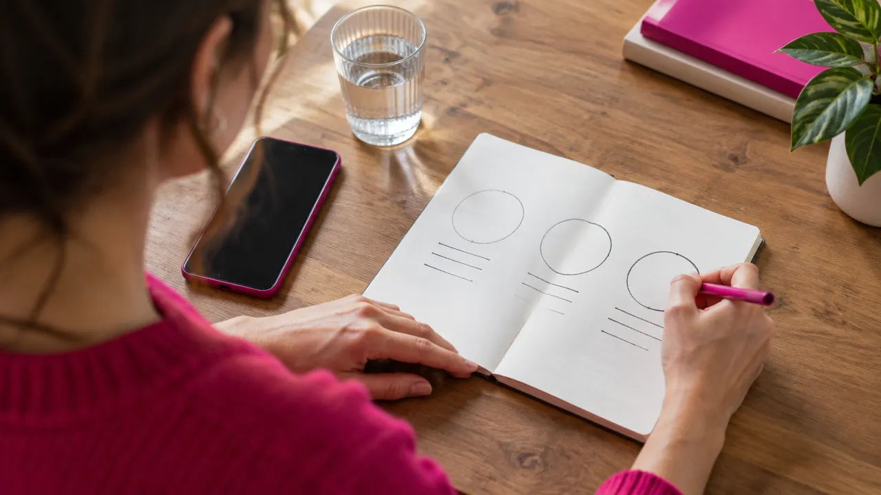 Hands pause over a notebook with three reflection zones for control, influence, and what cannot be changed.