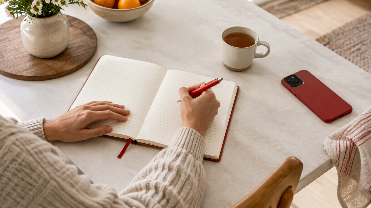 Hands planning screen-free periods in a paper planner while a phone rests face down nearby.