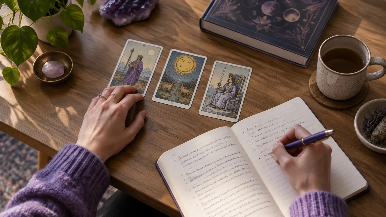 Hands practicing a three-card tarot spread and recording reflections in a journal