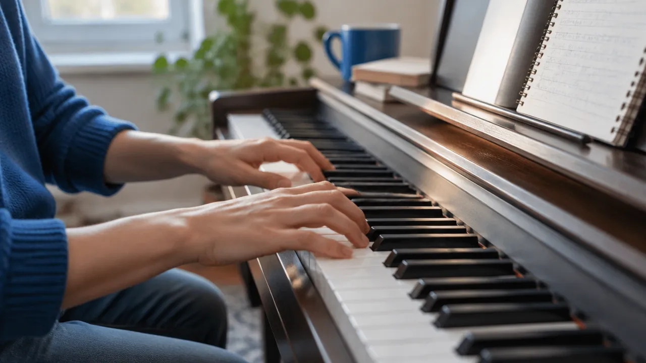 Hands practicing piano beside a notebook, showing how repeated skill practice supports learning.