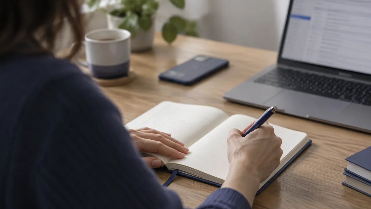 Hands record a triggering situation and automatic response in a journal during a quiet moment of reflection.