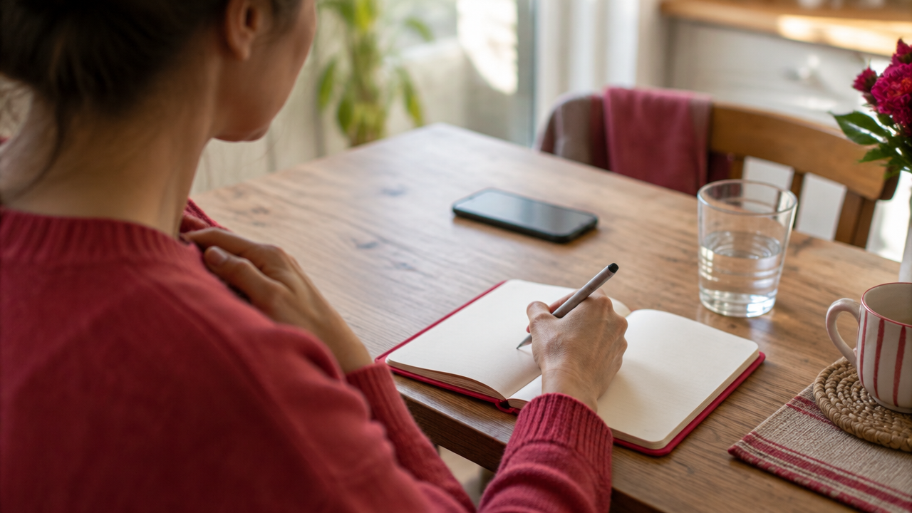 Hands recording an emotional trigger and body signal in a notebook after a conversation