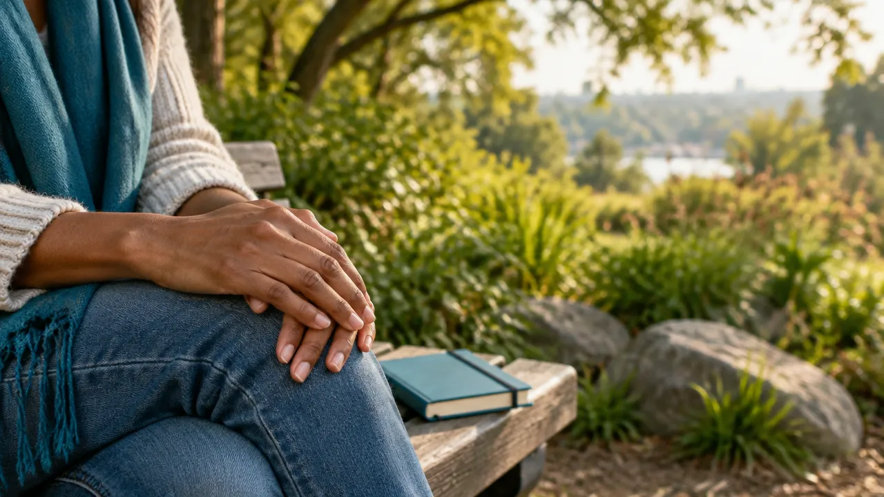 Hands resting calmly on a park bench during a grounding pause outdoors