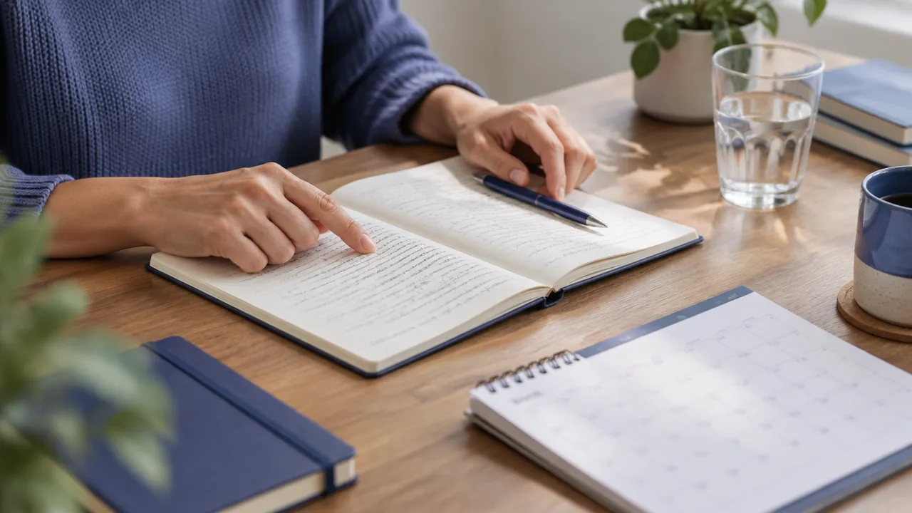 Hands reviewing a journal beside a calendar, illustrating a practical way to place an emotional reaction in context.