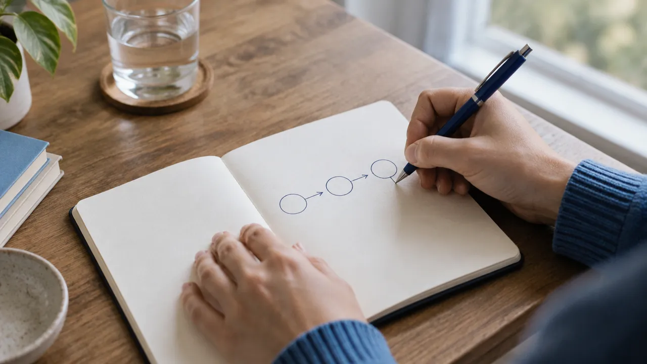 Hands sketching a simple event-feeling-response pattern in a journal