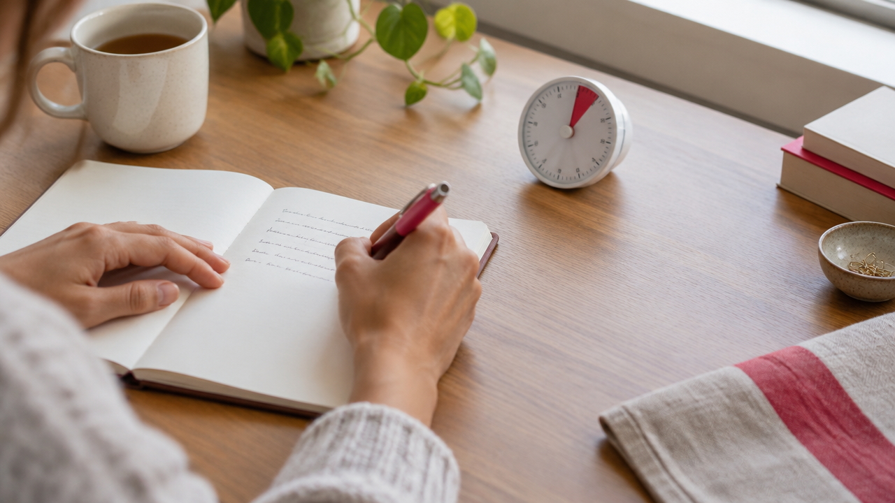 Hands write a brief daily reflection in a notebook beside a small five-minute timer