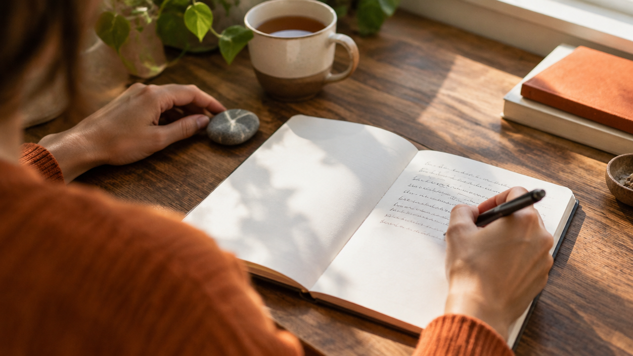Hands write a private reflection beside a smooth stone and tea during a quiet transition ritual