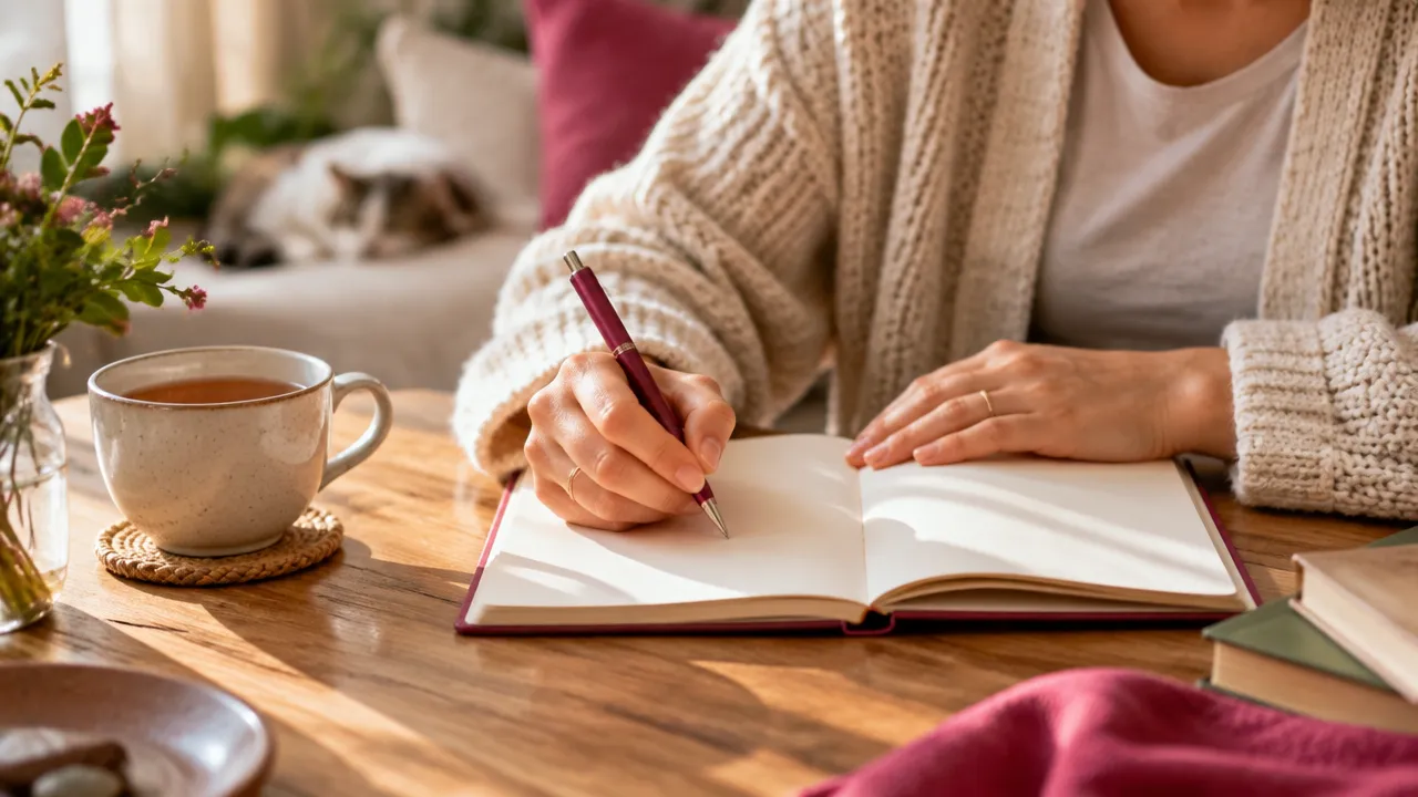 Hands writing a compassionate note in an open notebook during a quiet journaling practice
