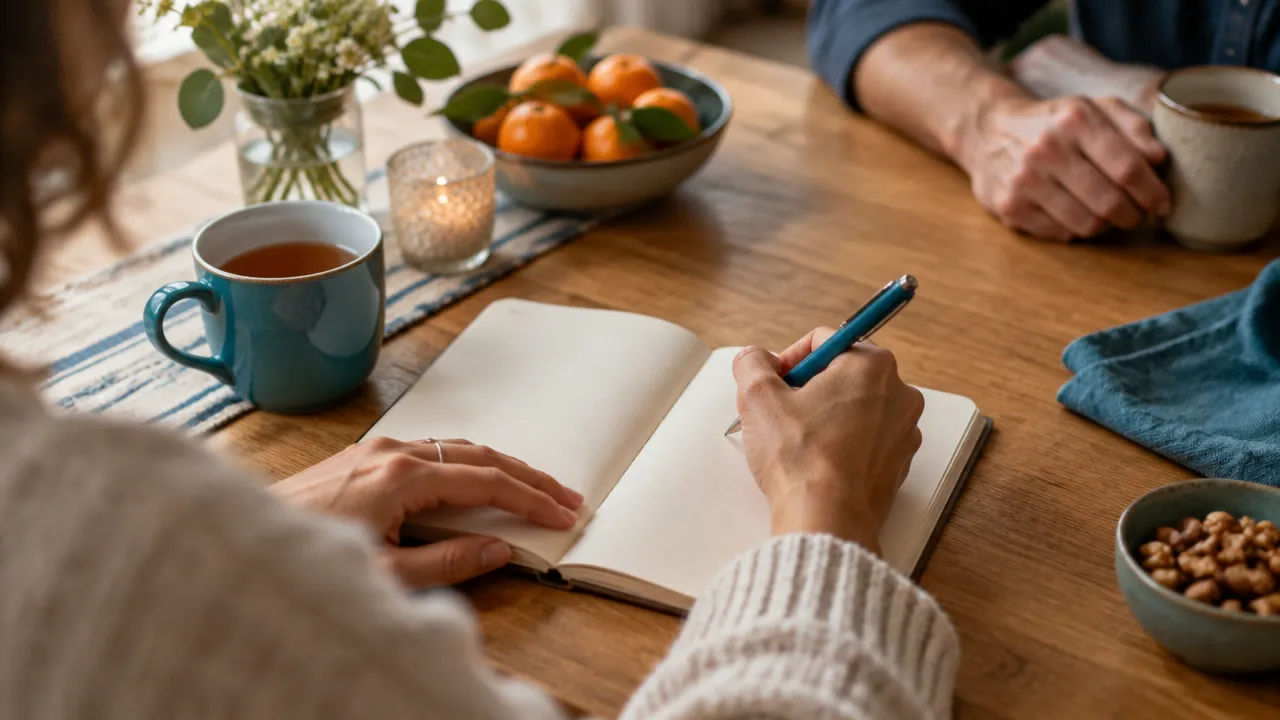 Hands writing a reflection in a notebook at a kitchen table, representing simple daily well-being practices.