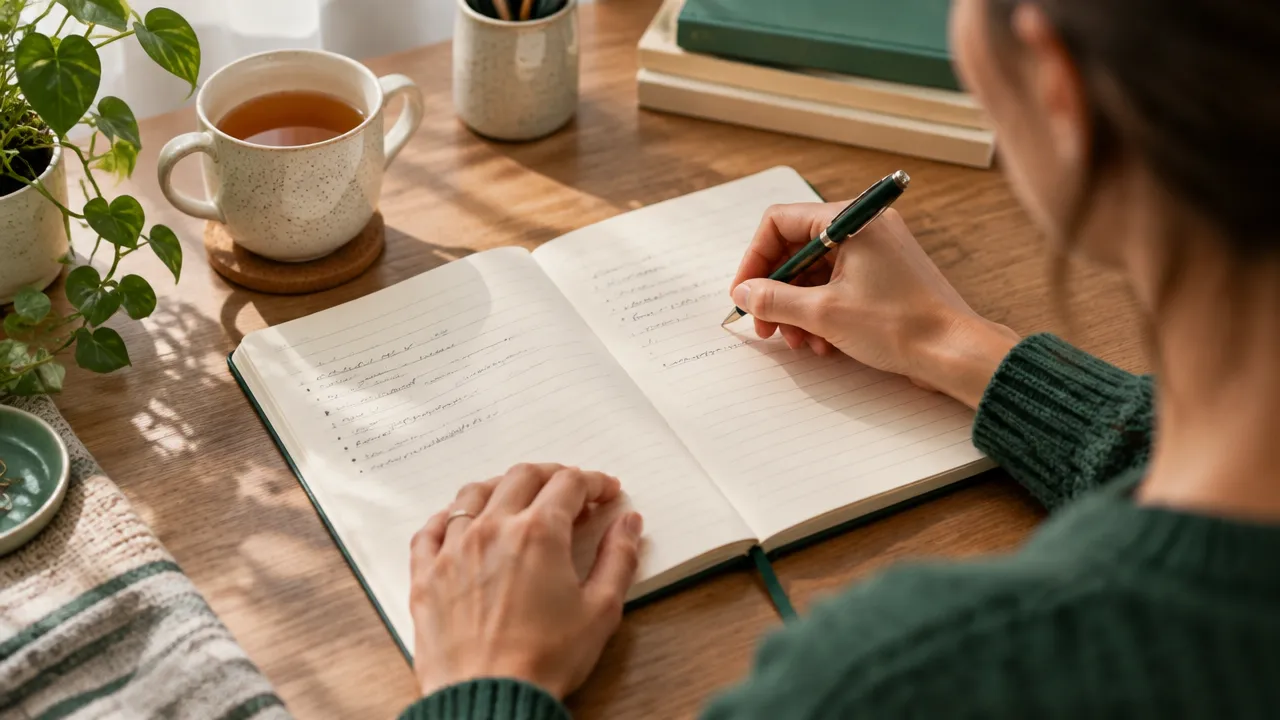 Hands writing a reflective thought record in a journal beside a cup of tea